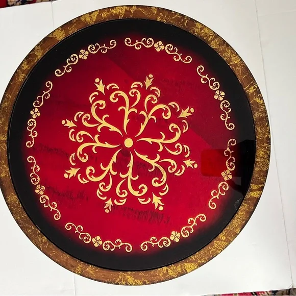 Gold &Red Italian Florentine Style Metal Round Pedestal Accent Table 16”x27”H